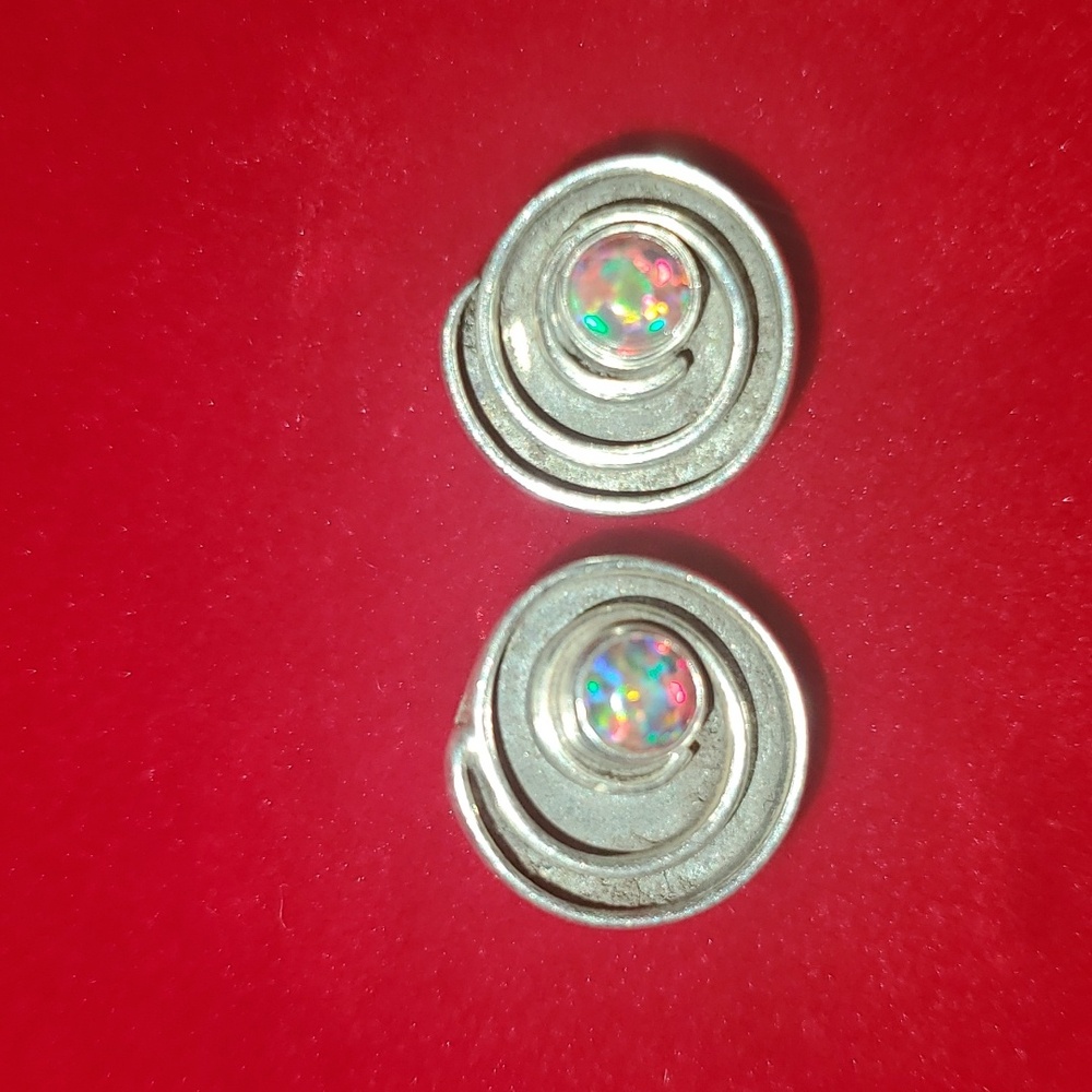 Vintage - Black Fire Opal - Silver - Spiral - Stud Earrings